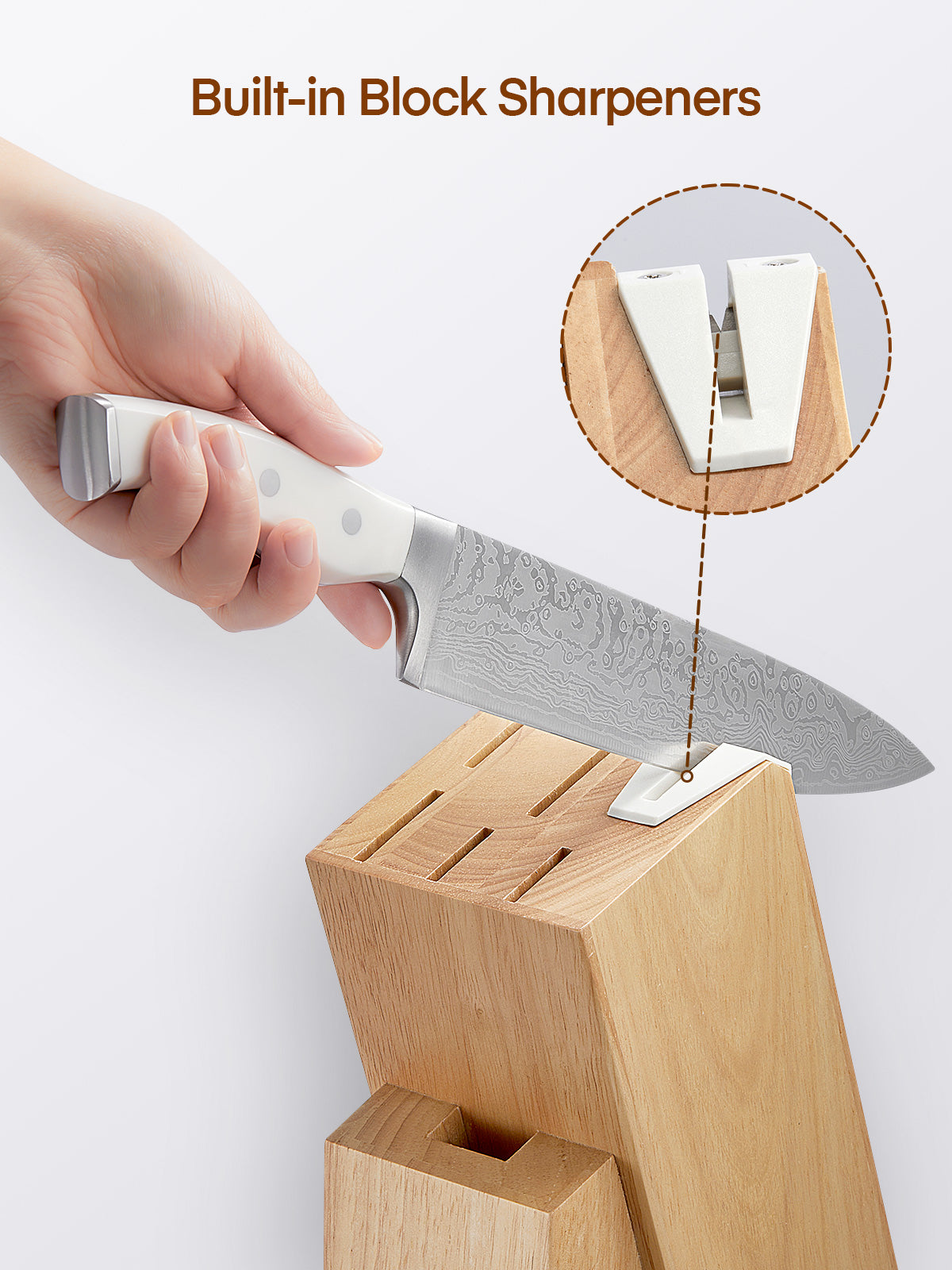 D.Perlla Knife Set, 7 Pieces Carbon Stainless Steel Kitchen Knives Block Set with Built-in Sharpener, White