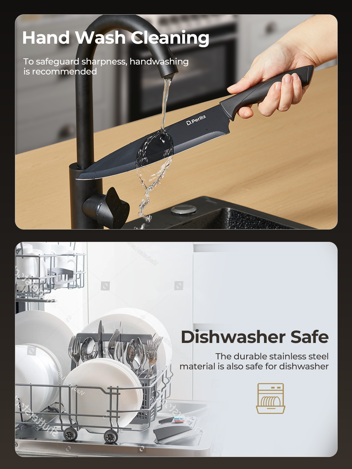 Knife Set, D.Perlla 15 Pieces Knife Sets for Kitchen with Block, Dishwasher Safe Kitchen Knife Set with Sharpener Rod, Black Coating German Stainless Steel Knife Block Set, Non-stick & Non Rust, Black