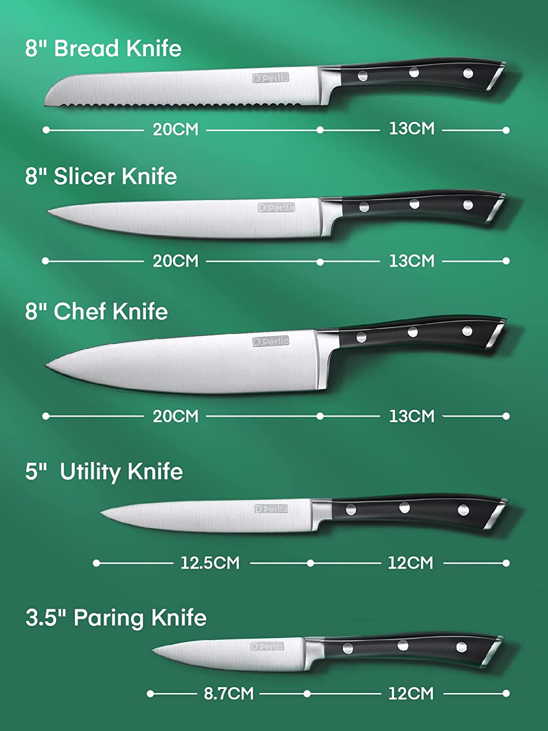 Knife Set, D.Perlla 6 Pieces Small Kitchen Knife Set with Block, German Stainless Steel Knives Set, Sharp Chef Knife Block Set