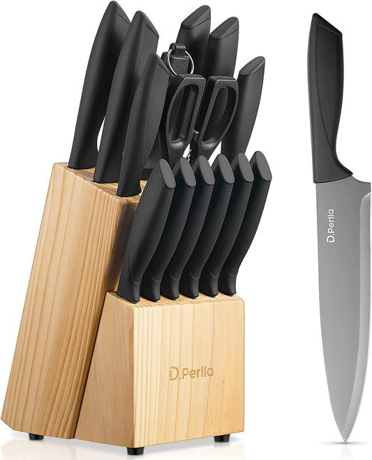 D.Perlla Knife Set with Block, 15 Pieces Stainless Steel Kitchen Knife Set with BO Oxidation Technology, No Rust, Sharp Knife Block Set