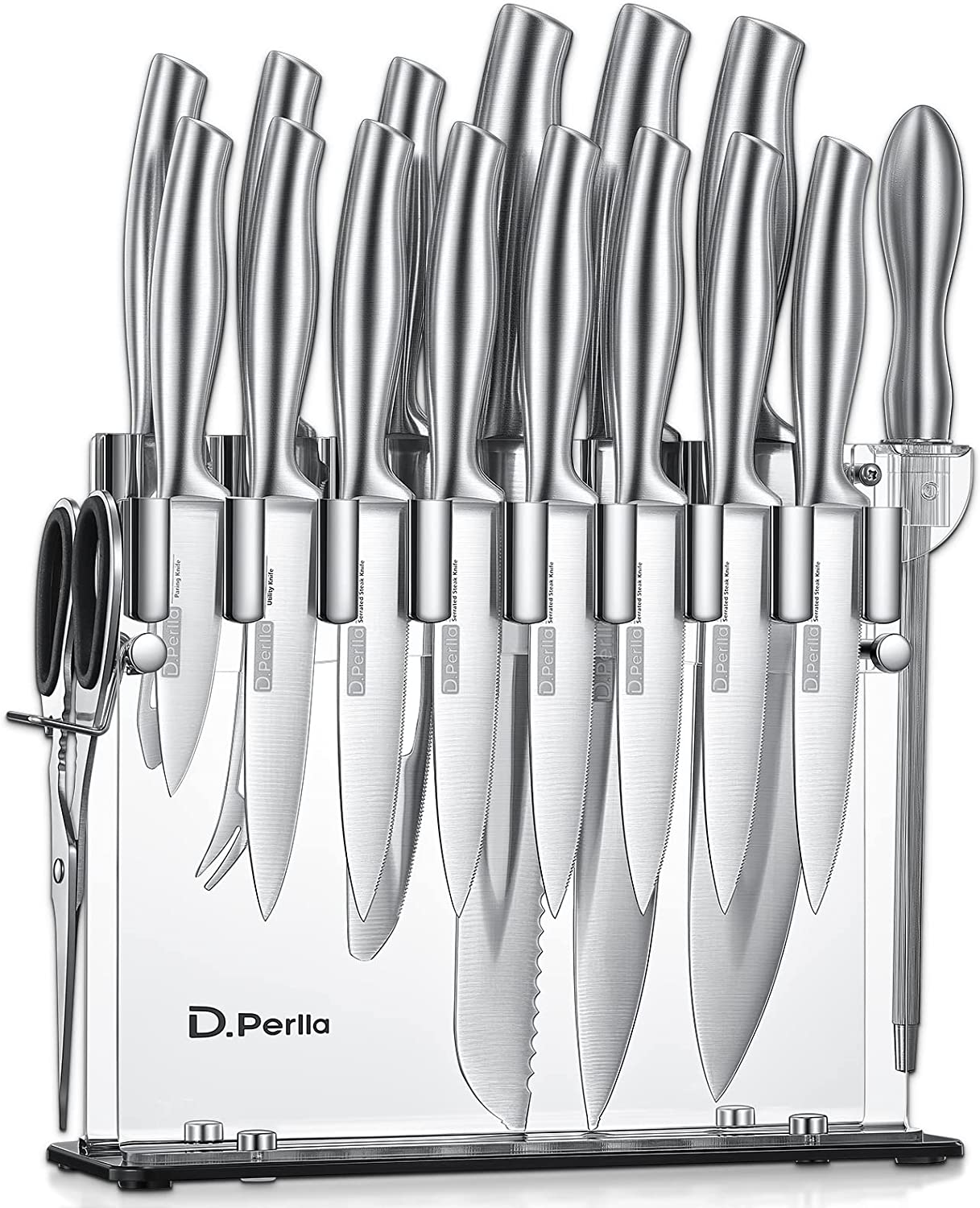 D.Perlla Knife Set, 17 Pieces kitchen Knife Set with Clear Acrylic Knife Block, Stainless Steel Super Sharp Chef Knife Set with Hollow Handle in One Piece Design