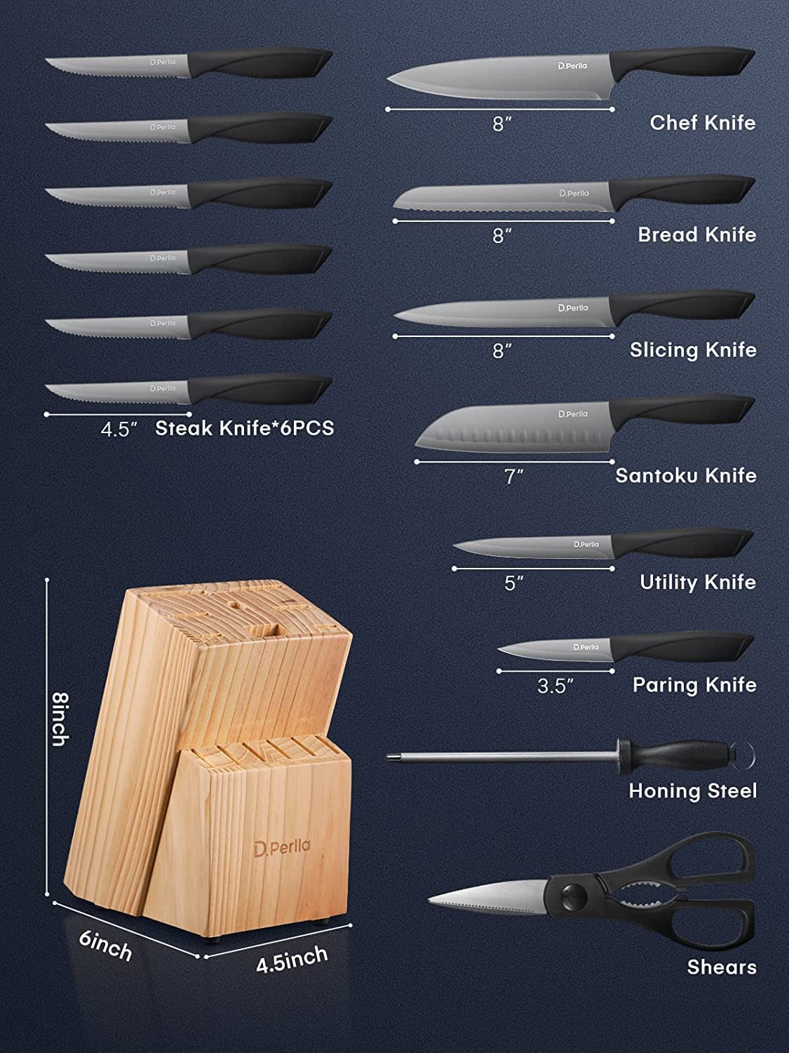 D.Perlla Knife Set with Block, 15 Pieces Stainless Steel Kitchen Knife Set with BO Oxidation Technology, No Rust, Sharp Knife Block Set