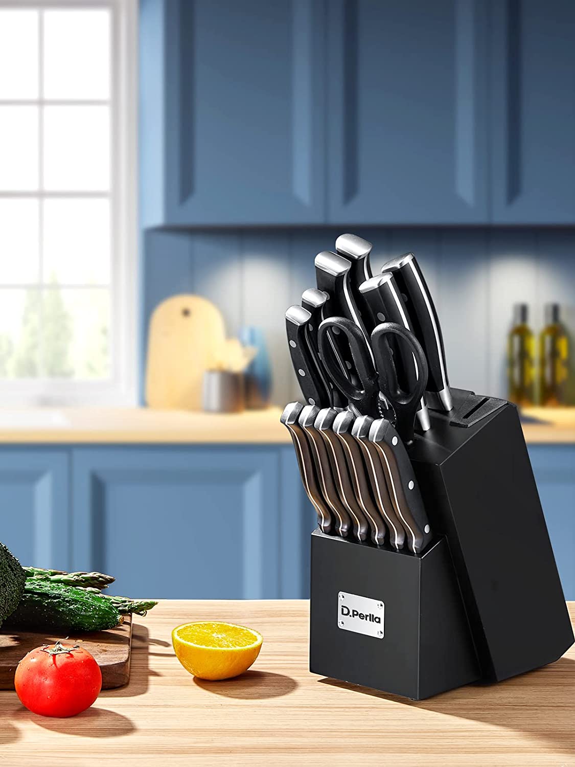 D.Perlla Knife Set, 14PCS German Stainless Steel Kitchen Knives Block Set with Built-in Sharpener, Black