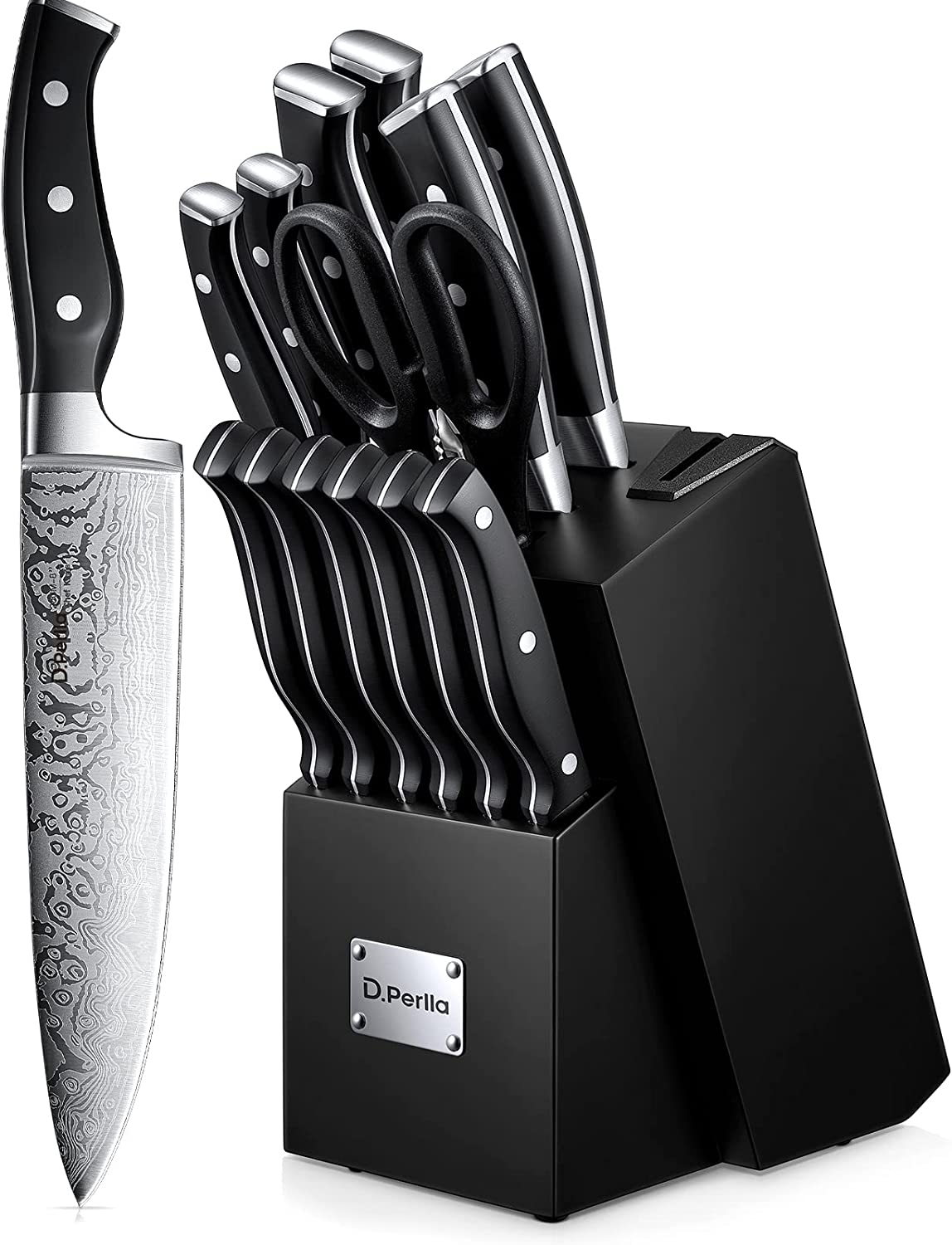 D.Perlla Knife Set, 14PCS German Stainless Steel Kitchen Knives Block Set with Built-in Sharpener, Black