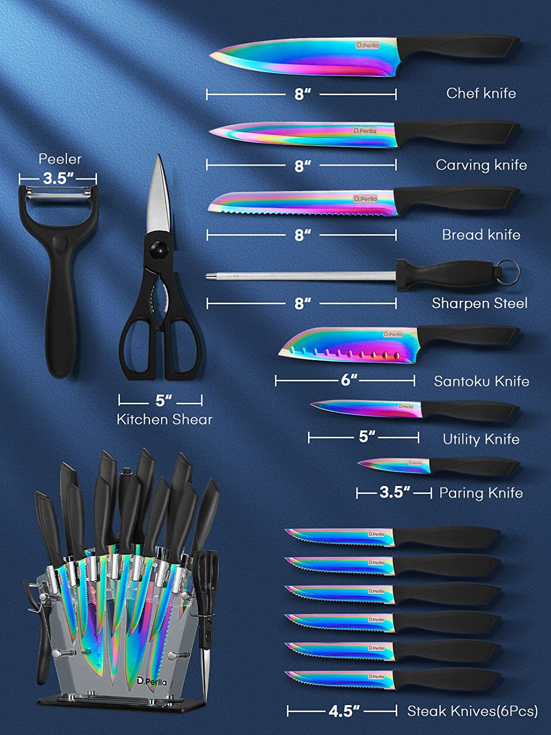 Knife Set, D.Perlla Rainbow Titanium Knife Block Set, 16 Pieces High Carbon Stainless Steel Kitchen Knife with Acrylic Stand, Non Slip Handle