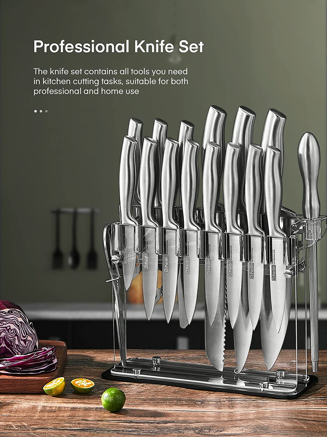 D.Perlla Knife Set, 17 Pieces kitchen Knife Set with Clear Acrylic Knife Block, Stainless Steel Super Sharp Chef Knife Set with Hollow Handle in One Piece Design