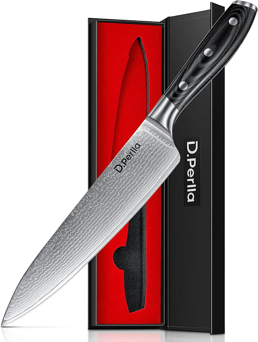 D.Perlla Chef Knife, 8 Inch Kitchen Knife, Professional Japanese AUS-10V Super Stainless Steel Chefs Knife with Ergonomic Handle, Durable Sharp Cooking Knife with Gift Box
