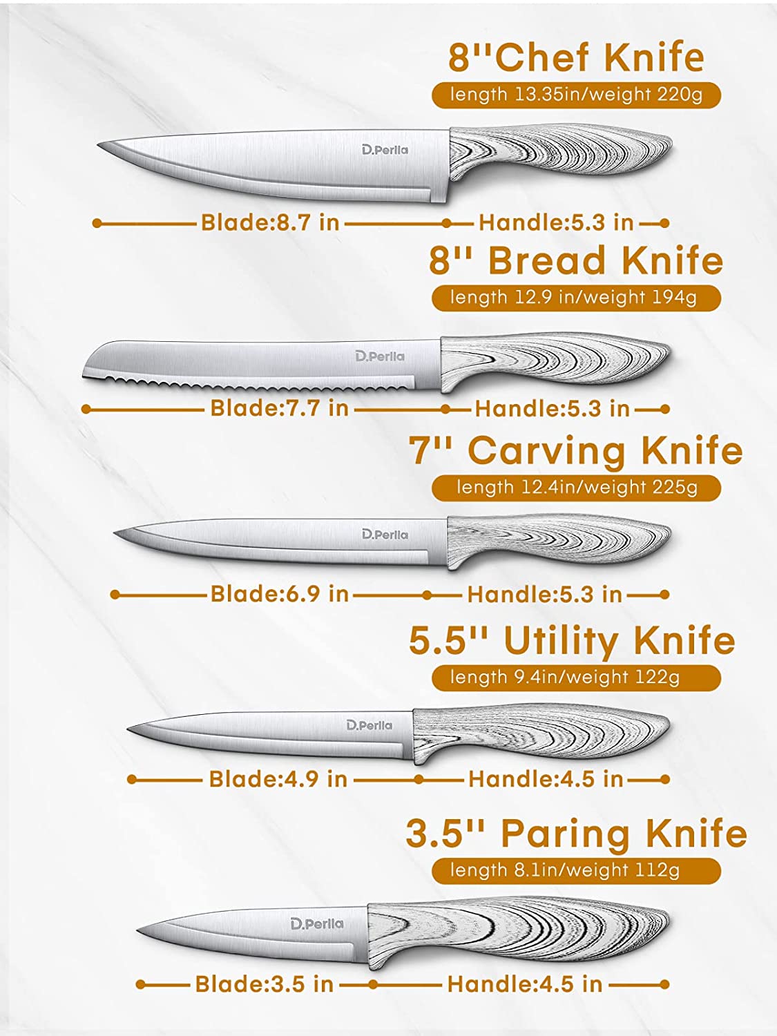 D.Perlla Knife Set, 6 PCS Kitchen Knife Set with Detachable Round Upright Knife Cylinder