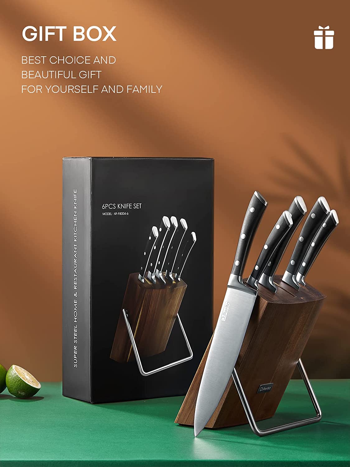 Knife Set, D.Perlla 6 Pieces Small Kitchen Knife Set with Block, German Stainless Steel Knives Set, Sharp Chef Knife Block Set