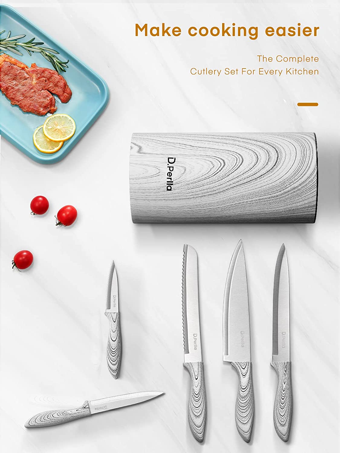 D.Perlla Knife Set, 6 PCS Kitchen Knife Set with Detachable Round Upright Knife Cylinder