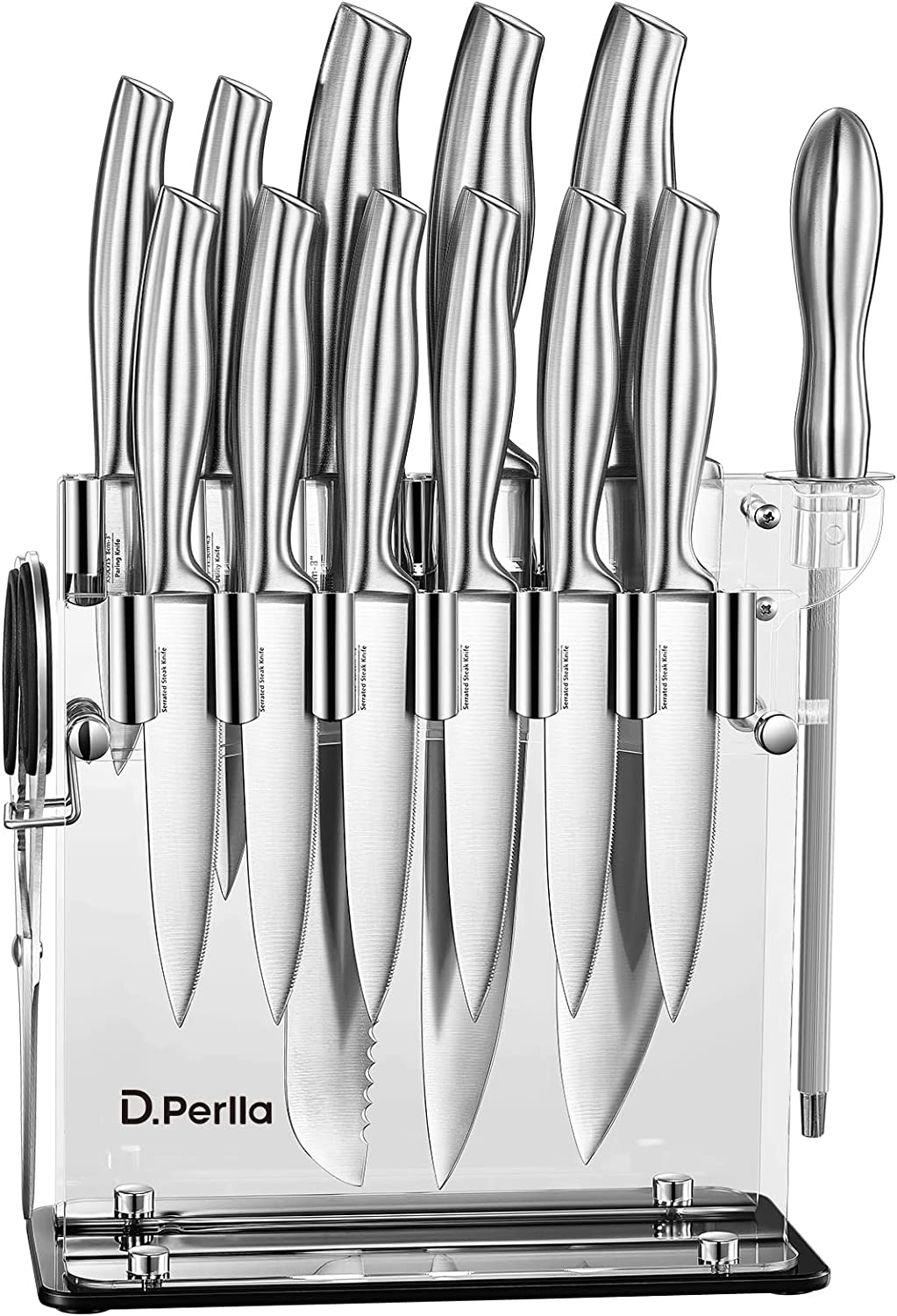D.Perlla Knife Set, 14 Pieces kitchen Knife Set with Clear Acrylic Knife Block, Stainless Steel Super Sharp Chef Knife Set with Hollow Handle in One Piece Design