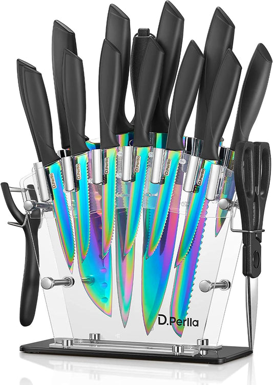 Knife Set, D.Perlla Rainbow Titanium Knife Block Set, 16 Pieces High Carbon Stainless Steel Kitchen Knife with Acrylic Stand, Non Slip Handle