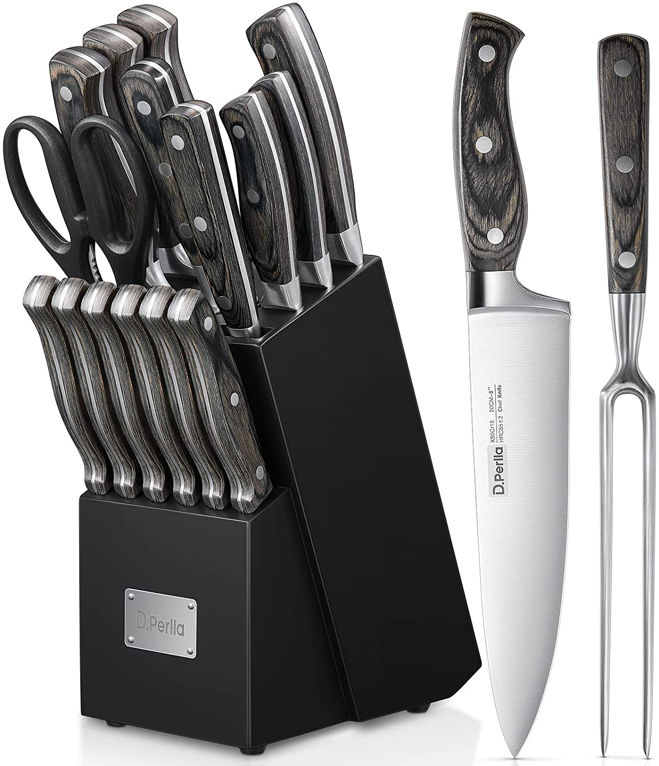 D.Perlla 16 Pieces Knife Set with Wooden Block, Black