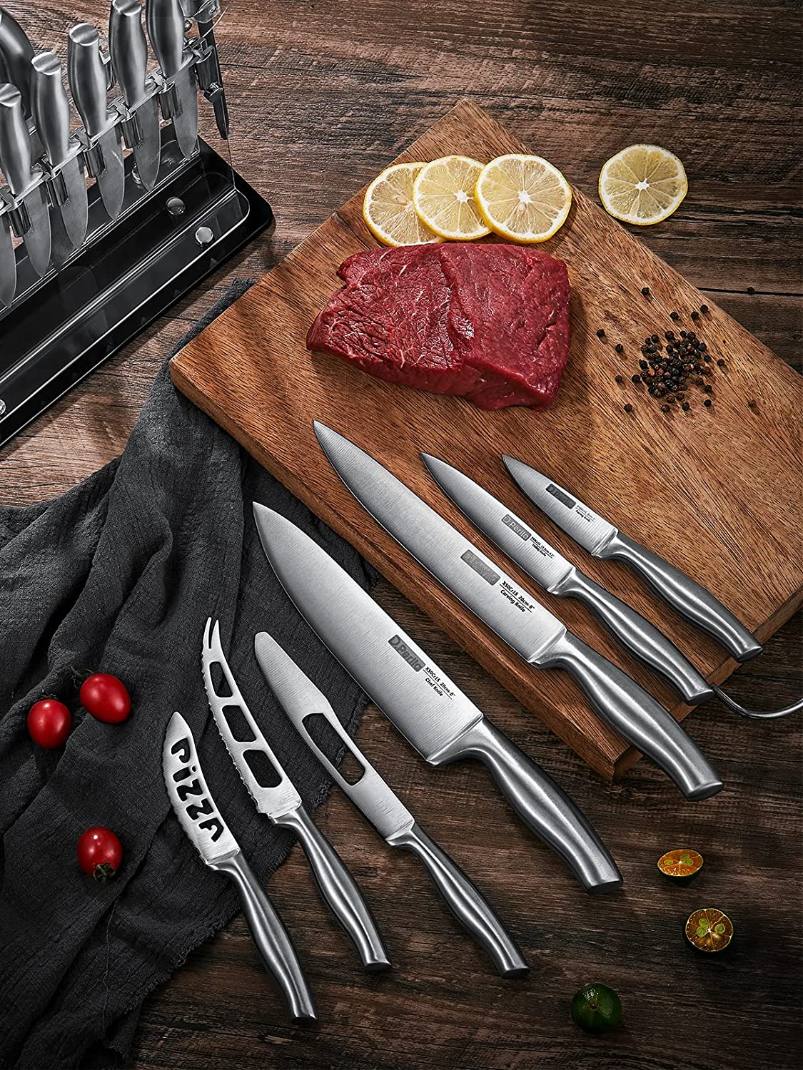 D.Perlla Knife Set, 17 Pieces kitchen Knife Set with Clear Acrylic Knife Block, Stainless Steel Super Sharp Chef Knife Set with Hollow Handle in One Piece Design