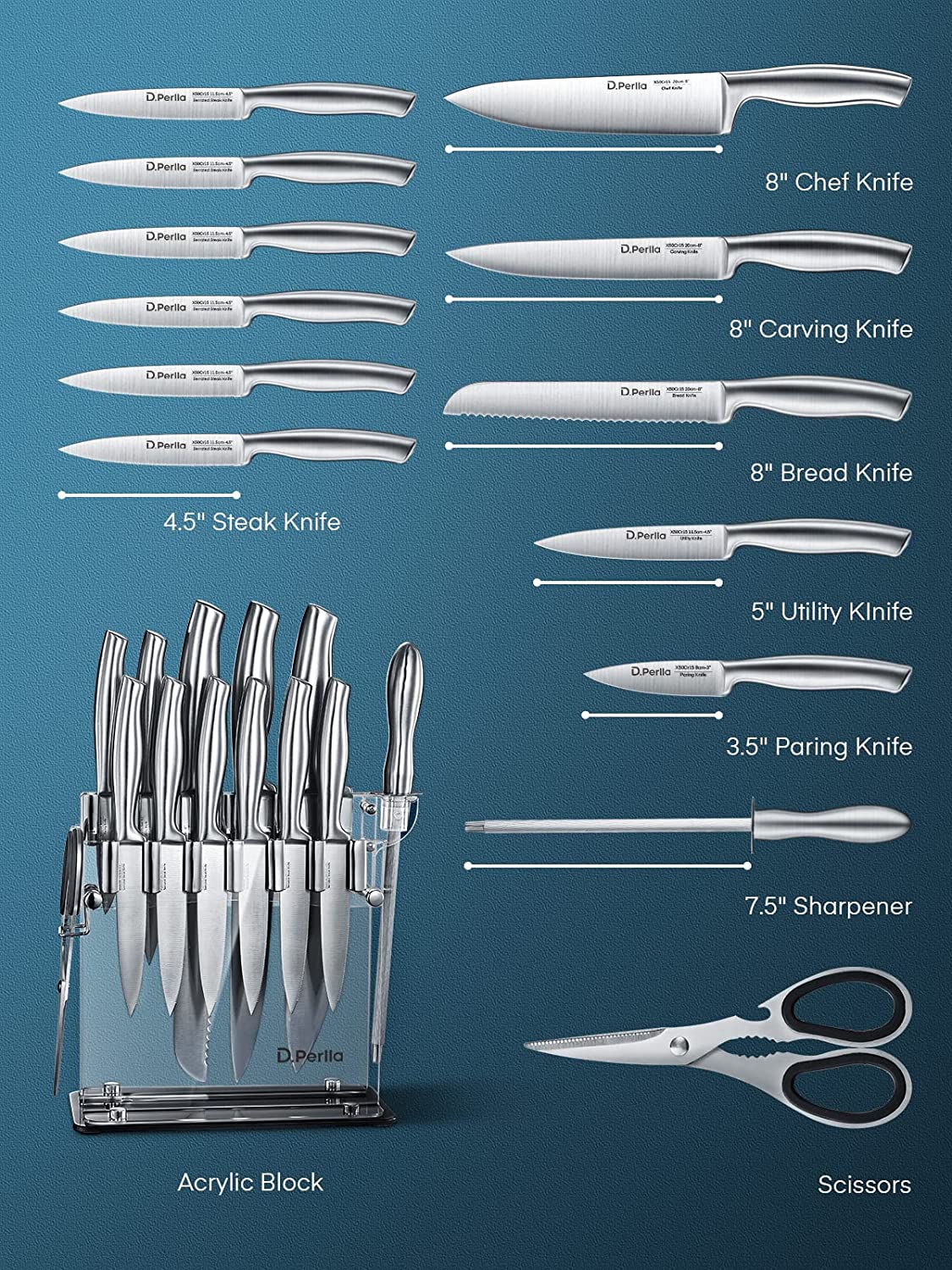 D.Perlla Knife Set, 14 Pieces kitchen Knife Set with Clear Acrylic Knife Block, Stainless Steel Super Sharp Chef Knife Set with Hollow Handle in One Piece Design