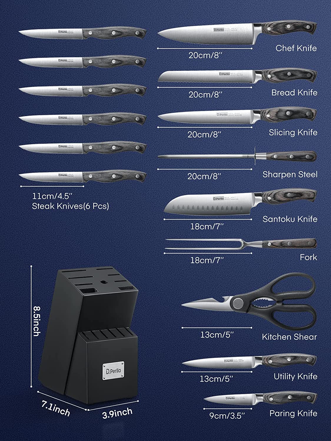 D.Perlla 16 Pieces Knife Set with Wooden Block, Black