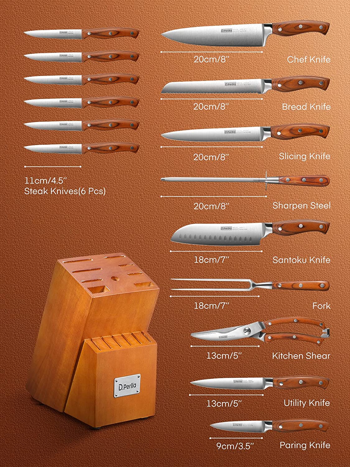 D.Perlla 16 Piece Knife Block Set with High Carbon German Steel