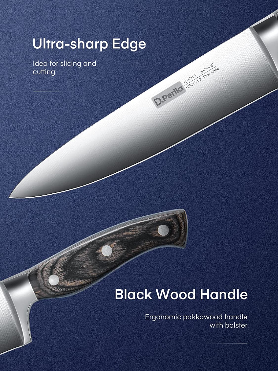 D.Perlla 16 Pieces Knife Set with Wooden Block, Black