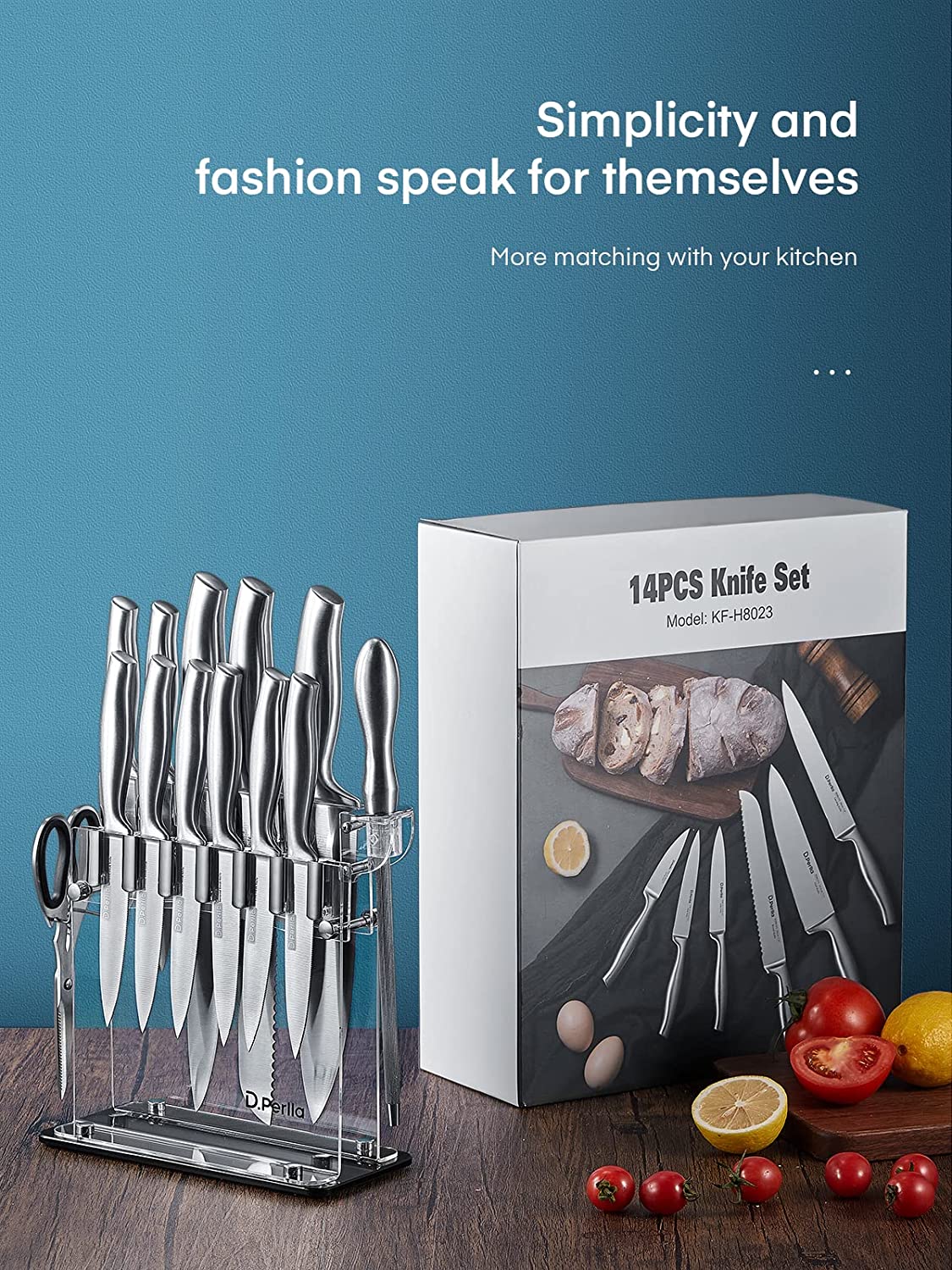 D.Perlla Knife Set, 14 Pieces kitchen Knife Set with Clear Acrylic Knife Block, Stainless Steel Super Sharp Chef Knife Set with Hollow Handle in One Piece Design